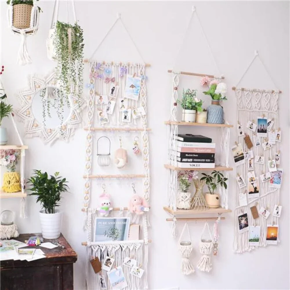 Macrame Wall Hanging Shelf 3 Tier Wood Boho Floating Shelf with Hooks Rack